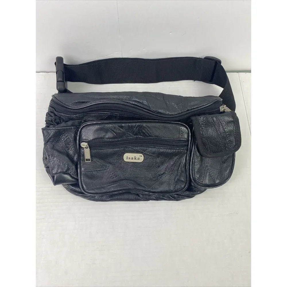 Vintage 90's Fanny Pack Waist Bag Black Faux Leather Unisex Zippers ISAKA